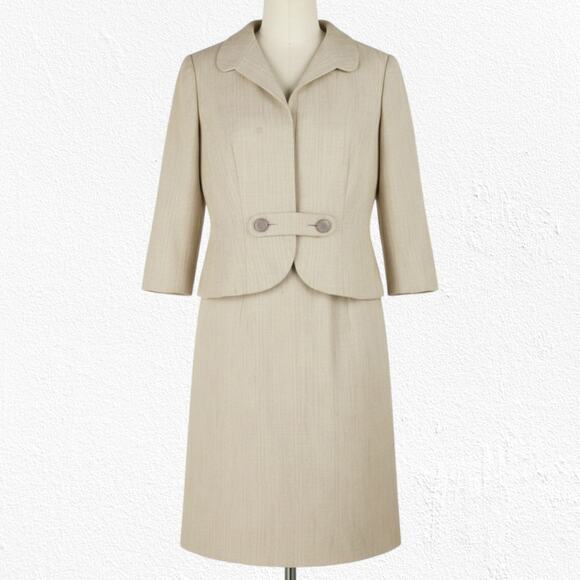 Vintage Dresses & Skirts - 50s Vintage Adele Simpson Beige Tweed Blazer Sheath Classic Dress Set Size 2